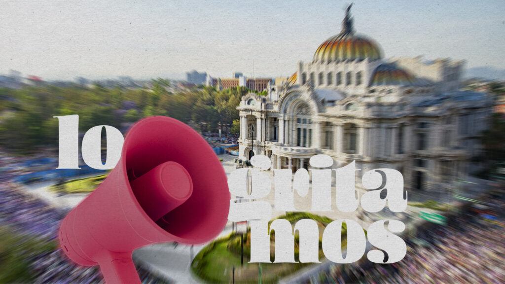 Fotografía aérea del Palacio de Bellas Artes de la CDMX, al frente de la foto aparece un megáfono rosa gigante. Lleva el texto Lo gritamos.