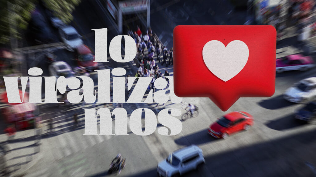 Fotografía aérea de una avenida. Al frente de la foto aparece un icono de corazón gigante característico de las redes sociales. Lleva el texto Lo viralizamos.